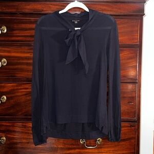 Brooks Brothers Tie Front Mixed Media Semi Sheer Navy Blouse Size Medium